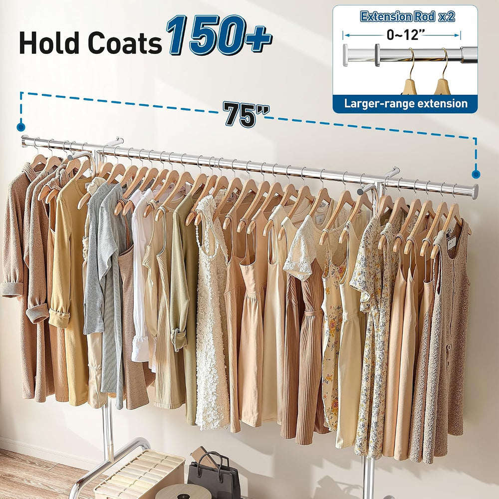 Raybee Heavy Duty Clothes Rack, 75''W Clothing Rack with 4 Hooks &amp...