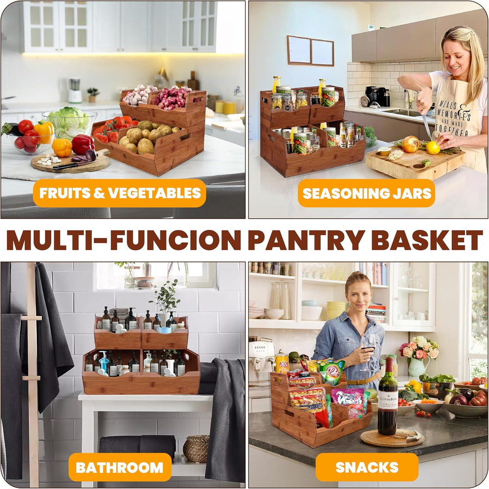 2-tier Stackable Bamboo Pantry Storage Bins, Potato & Onion Storage Baskets