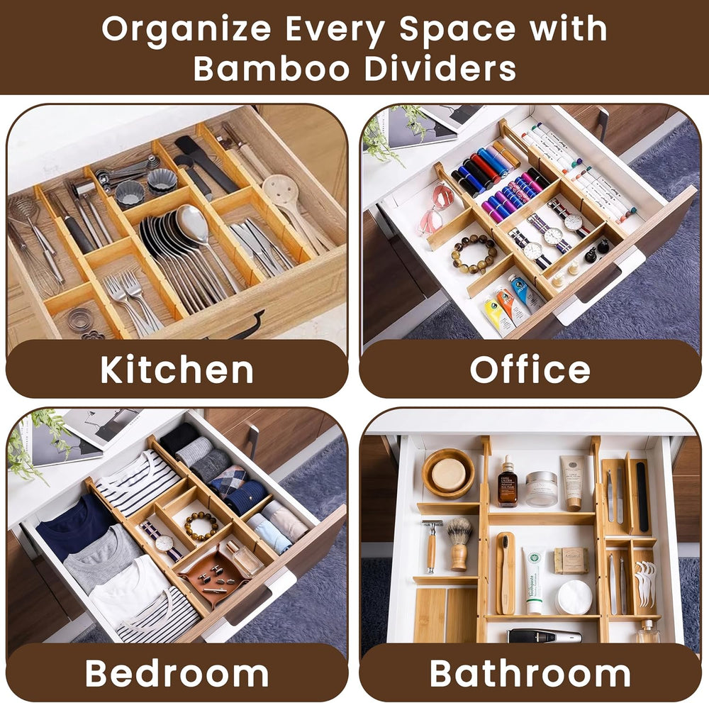 6 Pack Bamboo Drawer Dividers with 12 Inserts, Adjustable 17–22 Inch Expandab...