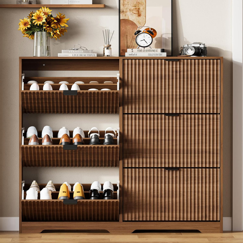 HUANLEGO Shoe Cabinet Storage for Entryway with 6 Flip Drawers, Walnut