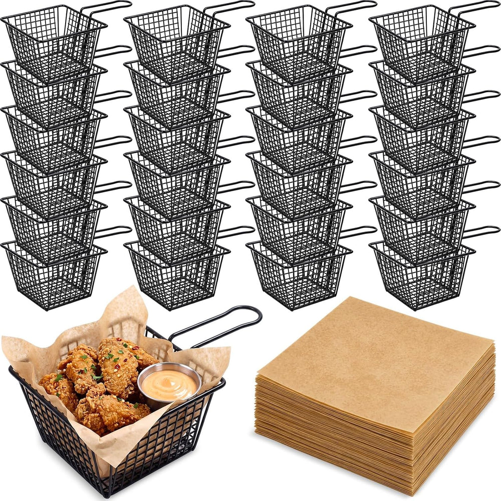 24 Pack French Fry Baskets with Handles and 100 Paper Liners