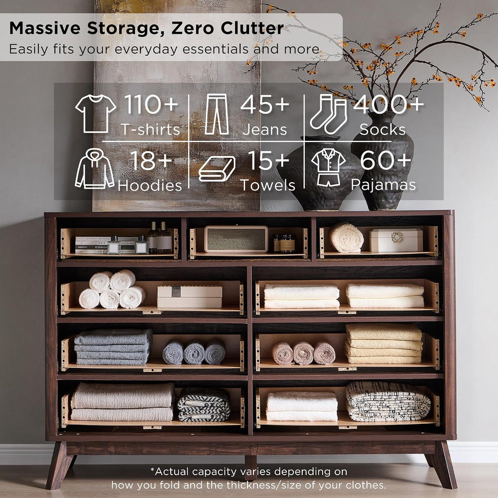 T4TREAM 54" Wide Fluted 9 Drawer Dresser for Bedroom, Dark Walnut