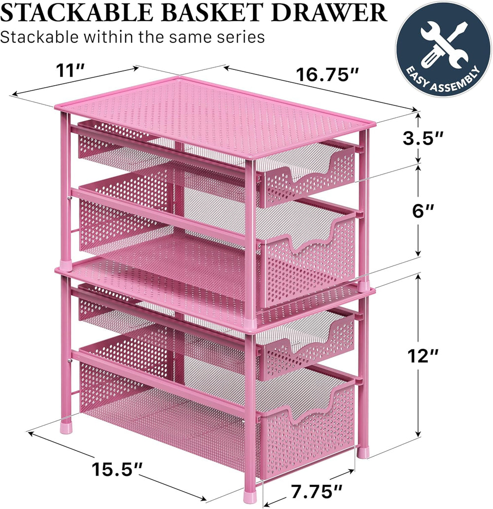 Simple Houseware Stackable 2 Tier Sliding Basket Organizer Drawer, Pink