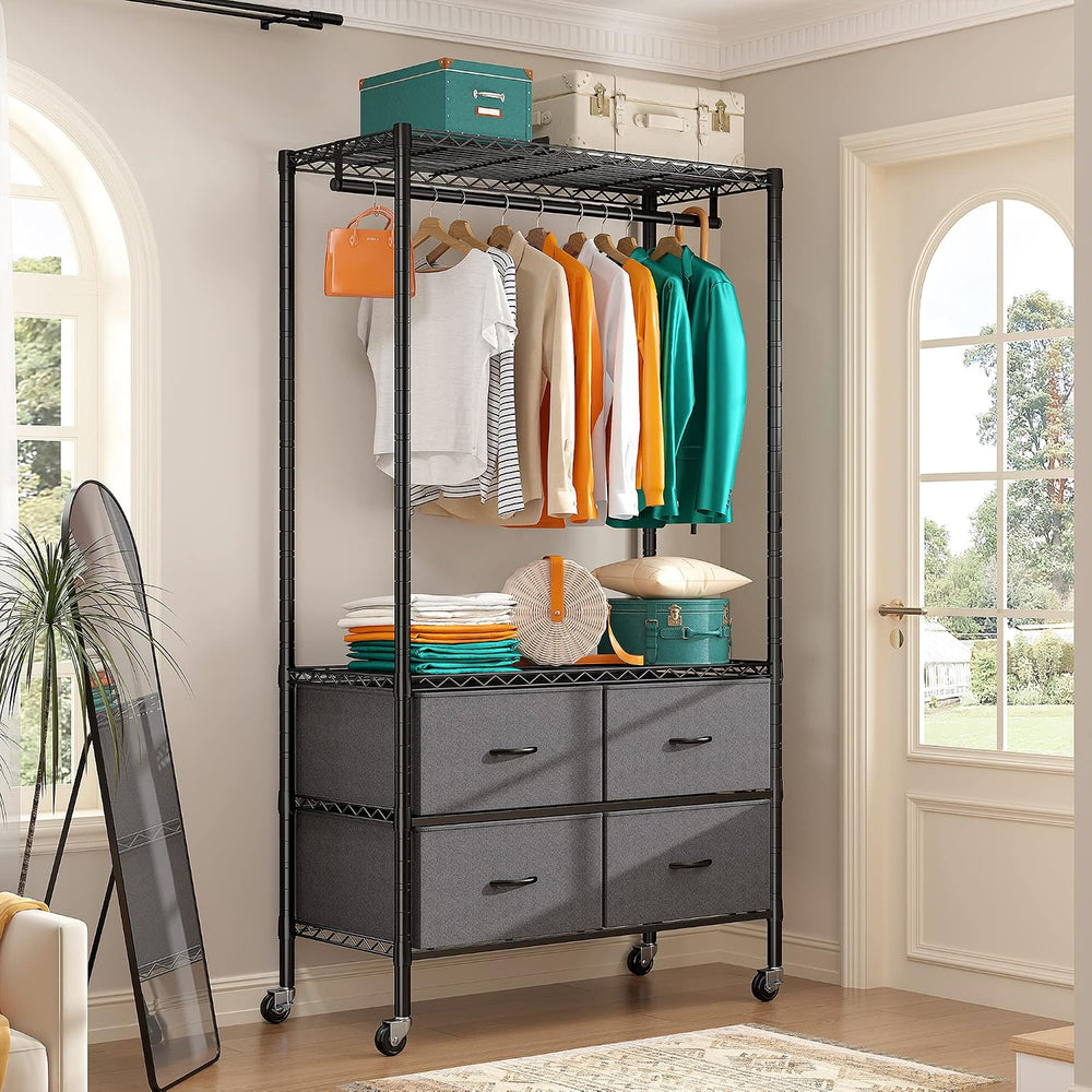 Raybee Rolling Clothes Rack, Portable Closet for Bedroom,Dorm, 4 Drawers