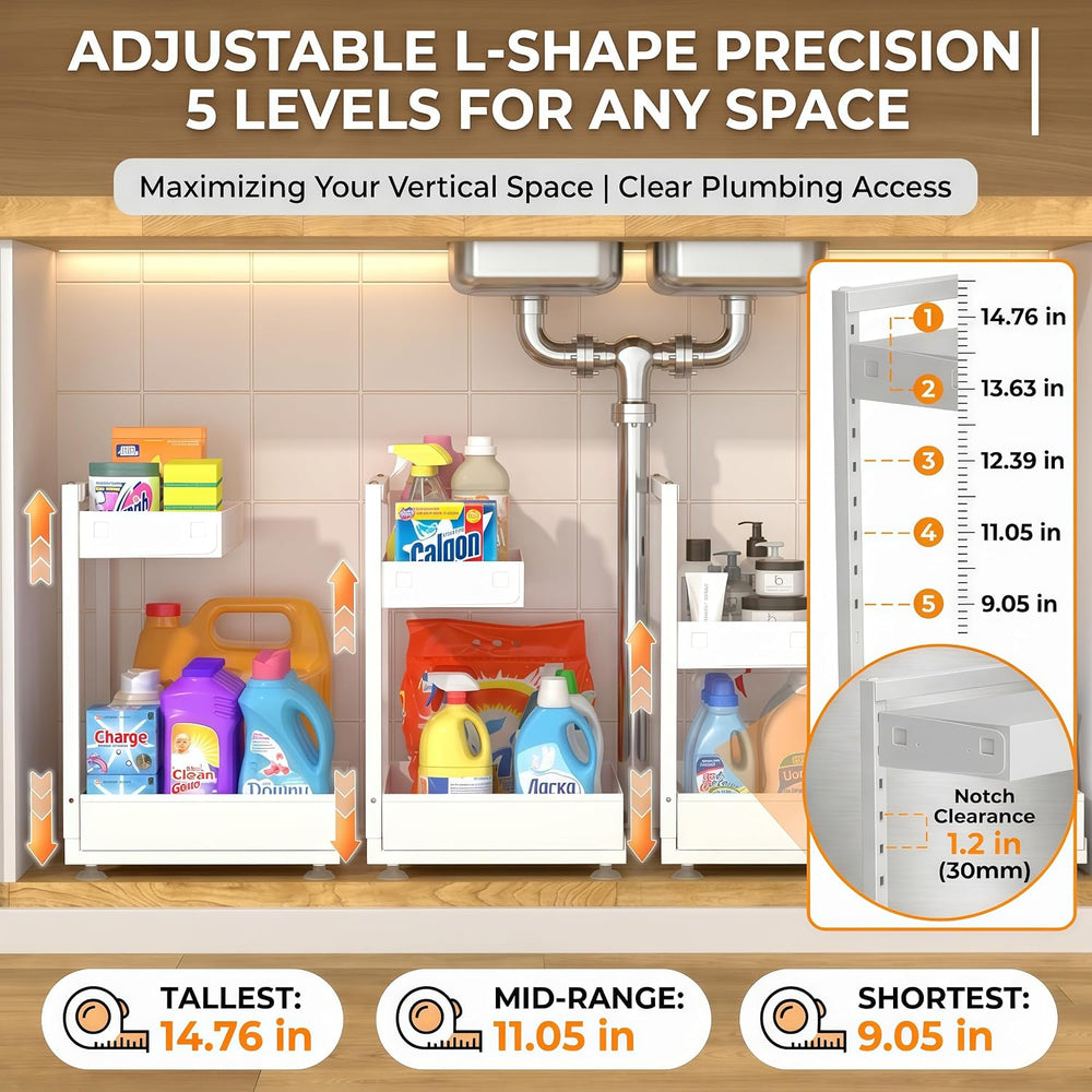 Under Sink Organizer 2 Pack, 2-Tier Metal Slide-Out, Height Adjustable