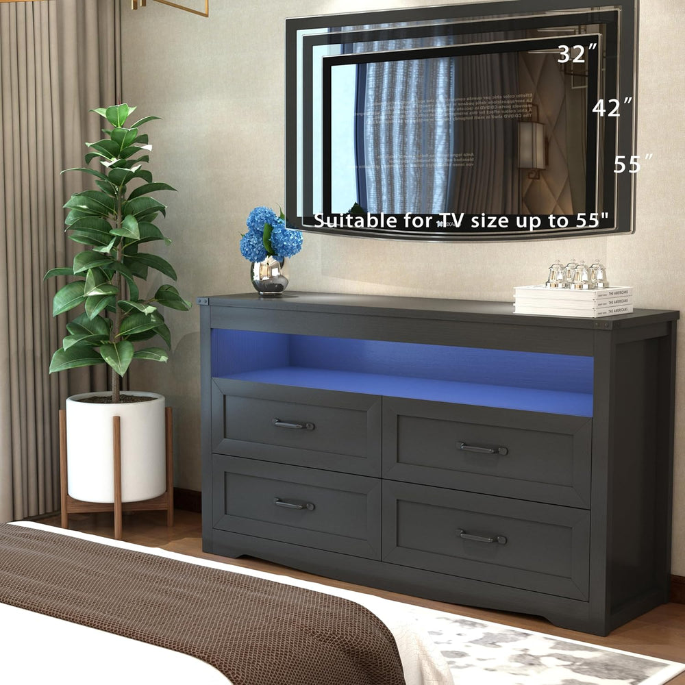 Wodeer Black Dresser for Bedroom, Wood 4 Drawer Dresser with LED Light, Dress...