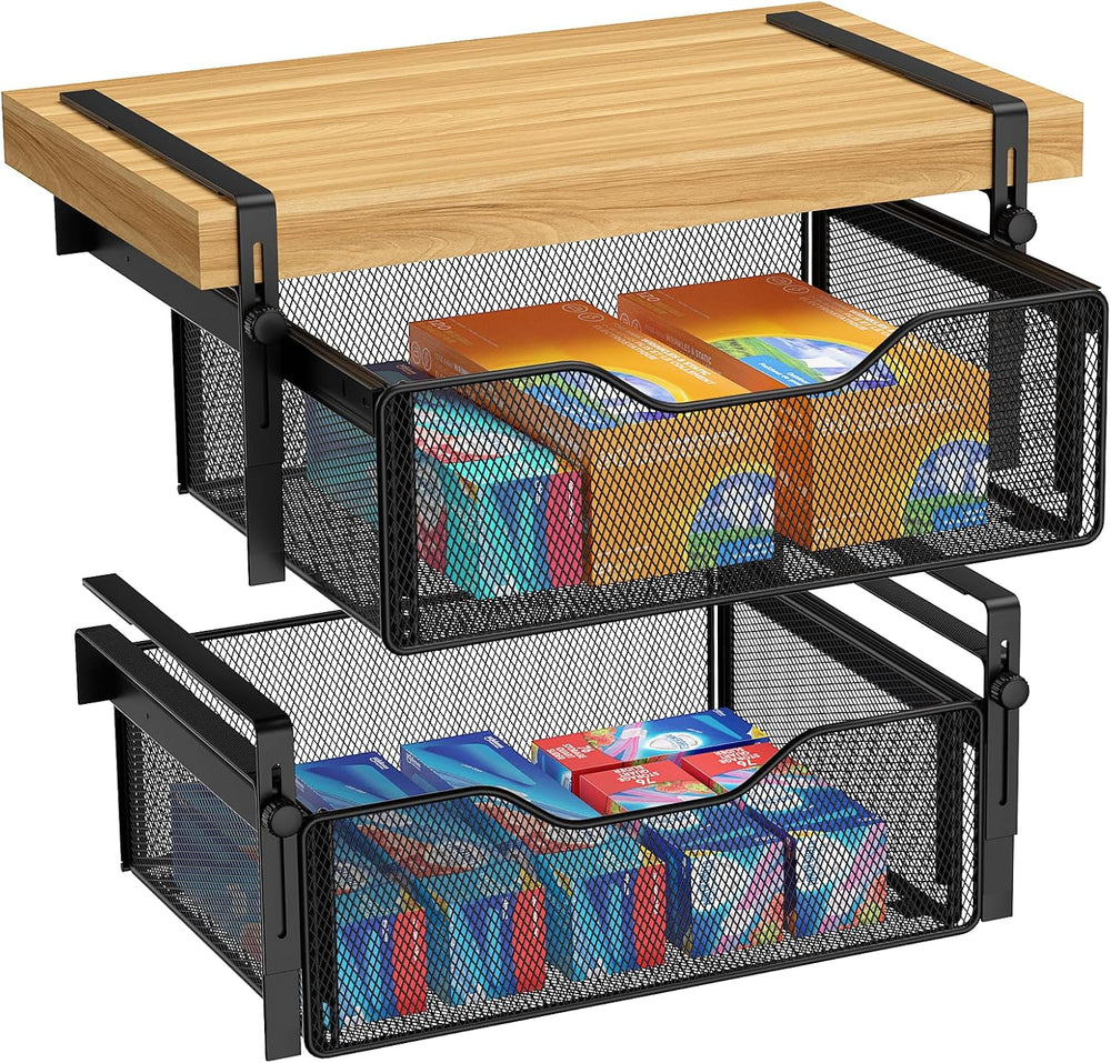 AmonHouseware 2Pack Under Shelf Basket Storage,Adjustable Hanging Arm,Black