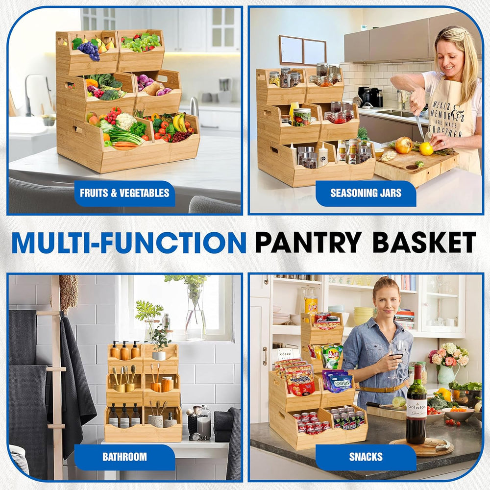 3-tier Stackable Bamboo Pantry Storage Bins, Potato & Onion Storage Baskets