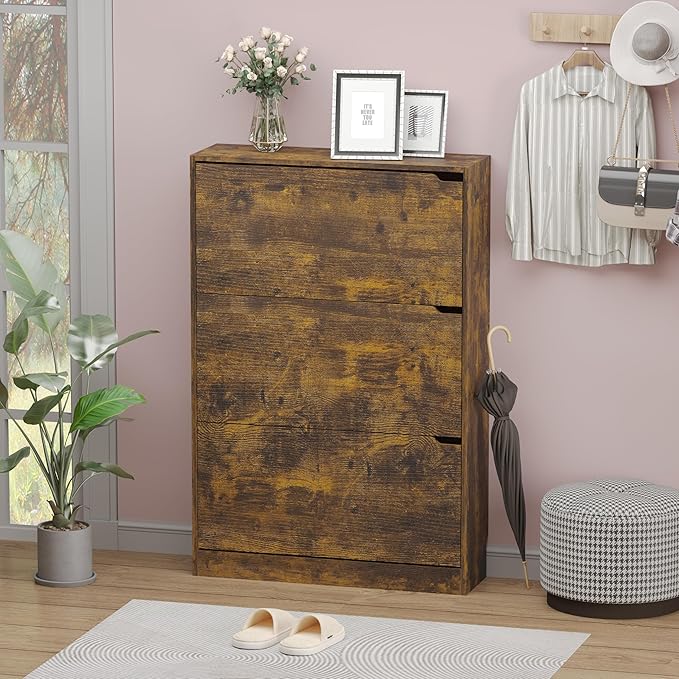 Shoe Cabinet with 3 Flip Drawers, Hidden Wood Shoe Cabinet, Freestanding Shoe
