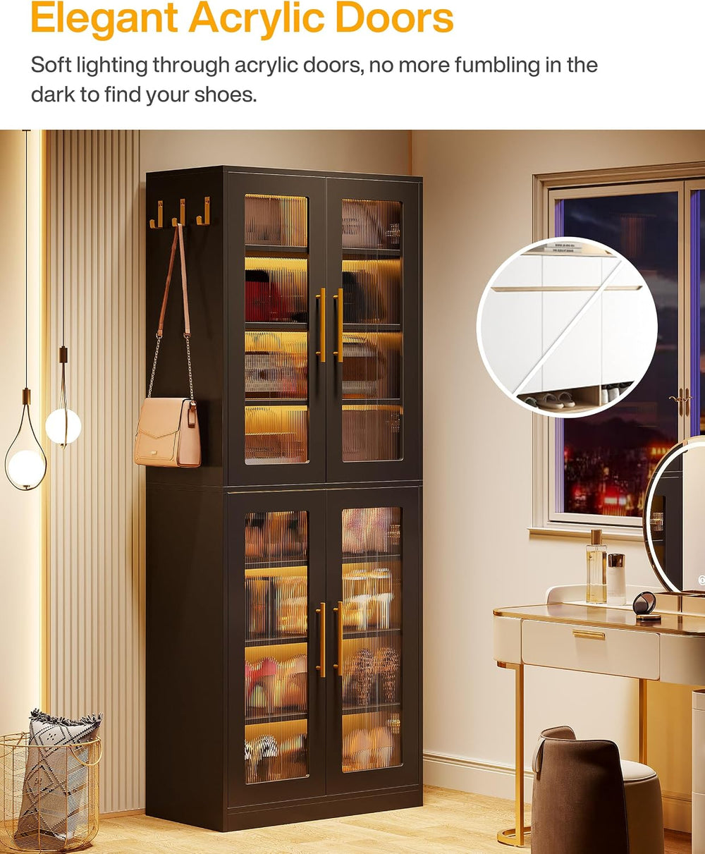 Tribesigns Black Shoe Storage Cabinet with Acrylic Doors and LED Lights, 8-Ti...