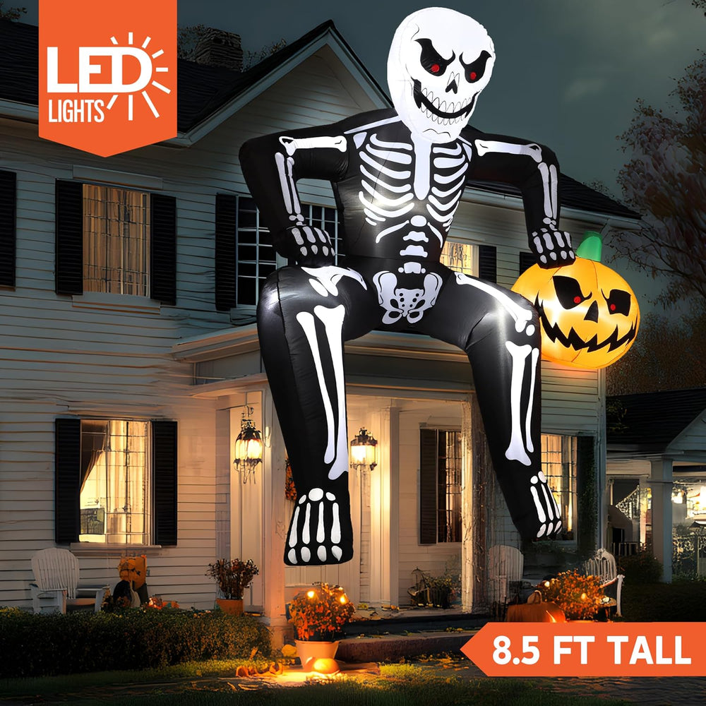 JOYIN 8.5ft Halloween Inflatable Skeleton, Blow Up Skeleton Holding Pumpkin f...