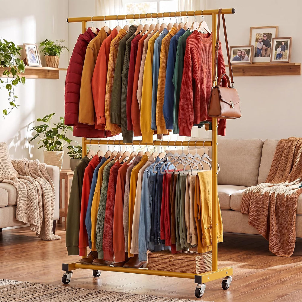 Sywhitta Double Rod Metal Clothing Garment Rack on Wheels, Gold