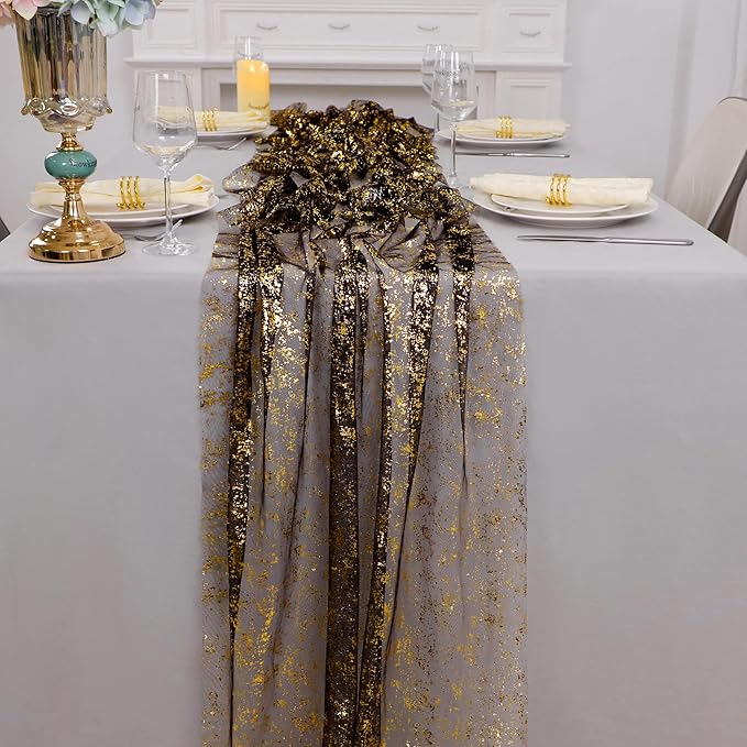 Snowkingdom 10 Pcs Black & Gold Cheesecloth Table Runner 10 FT, Sheer Chi...