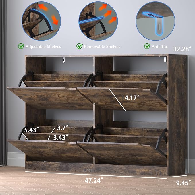 Shoe Cabinet with 4 Flip Drawers, Narrow Hidden Shoe Storage Cabinet, Slim