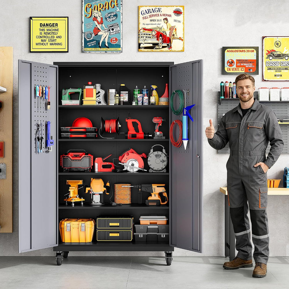 Wide & Deep Metal Storage Cabinet with Wheels,Tall Rolling Garage Storage...