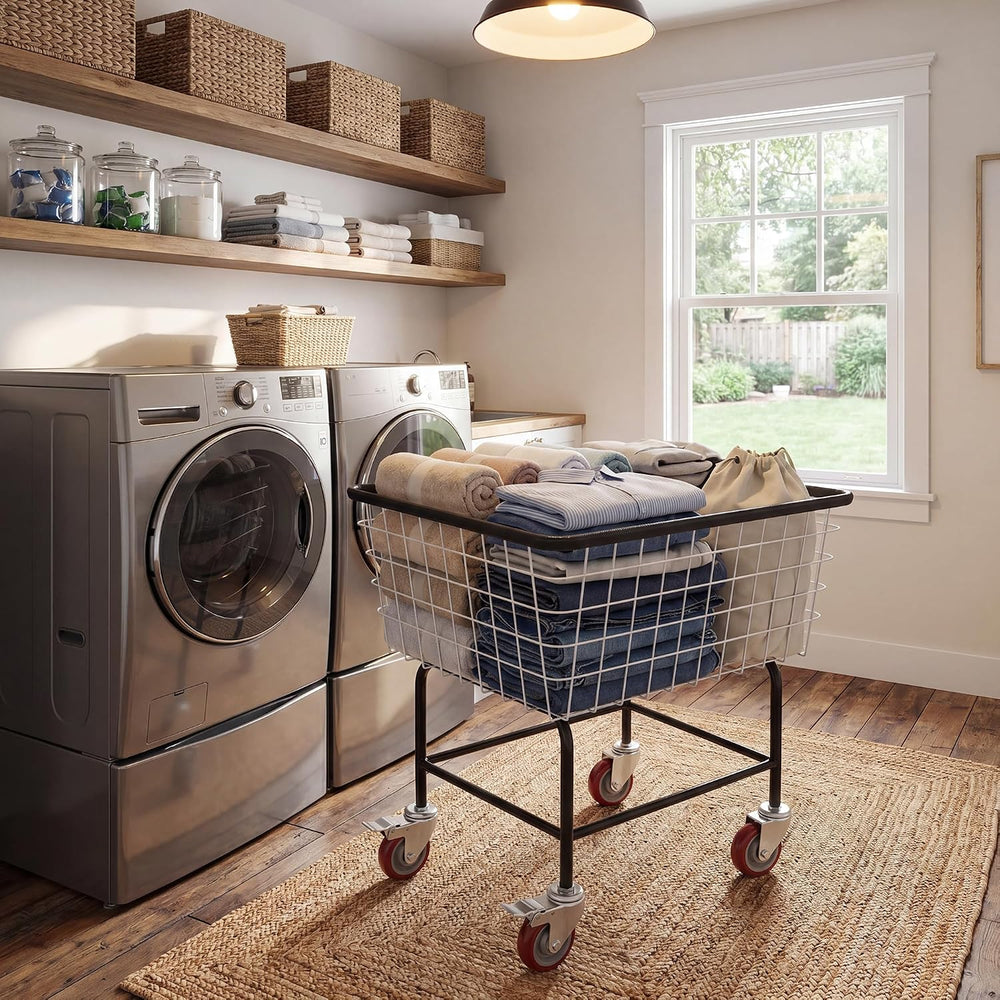 4.5-Bushel Rolling Laundry Cart with Wheels, Steel Clothing Storage