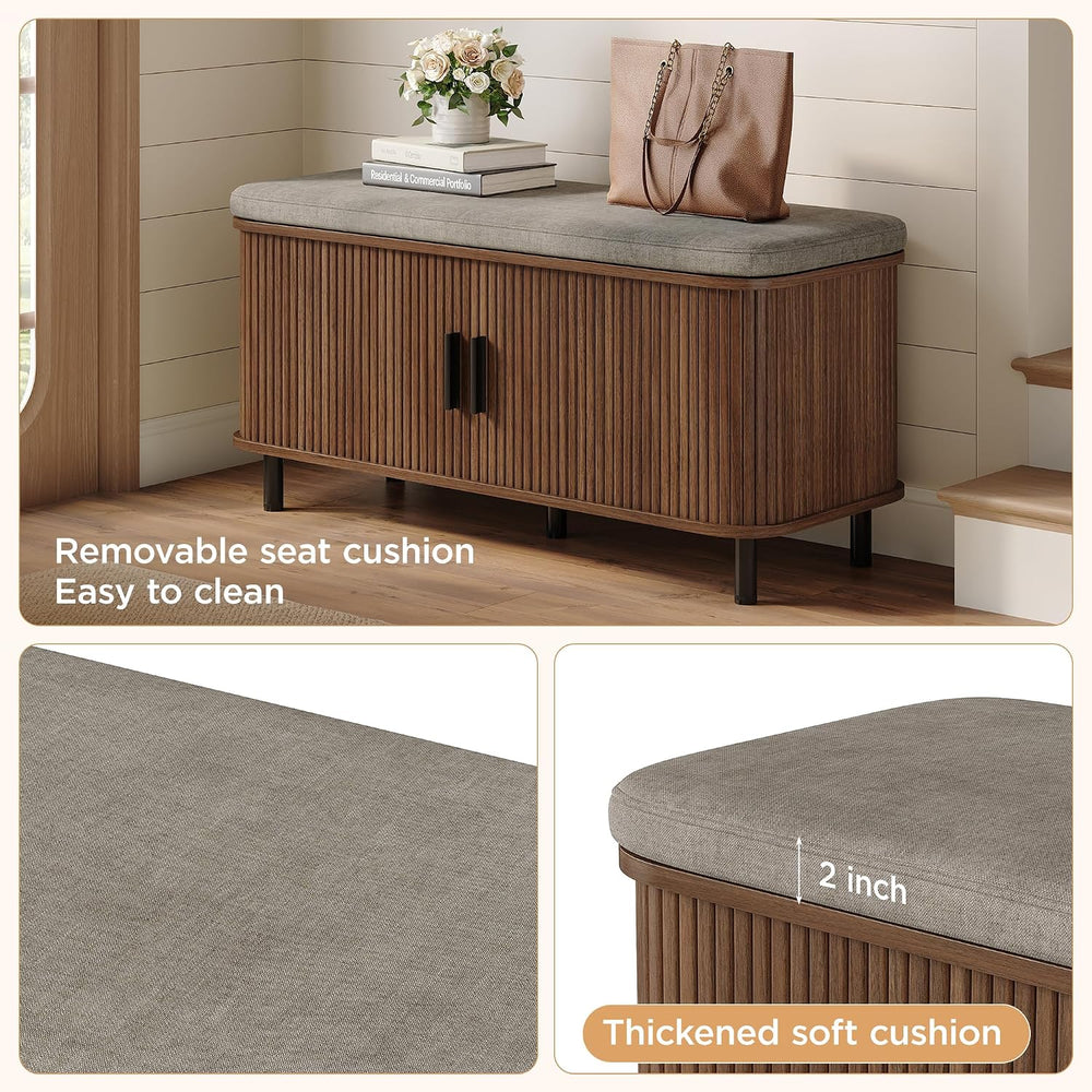 Maupvit Shoe Storage Bench with Smooth Fluted Sliding Doors, 2 Tier Hidden Sh...