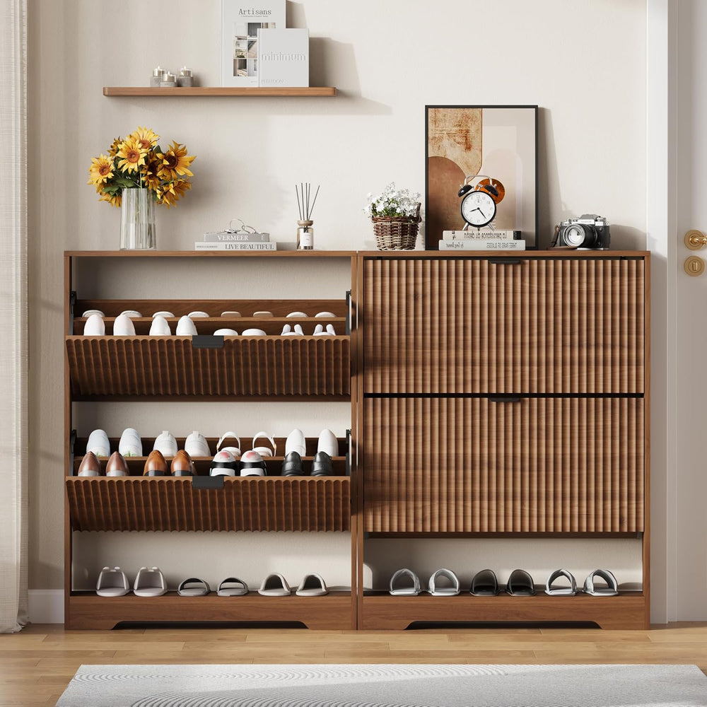 HUANLEGO Shoe Cabinet Storage for Entryway with 2 Flip Drawers, Walnut Fluted...