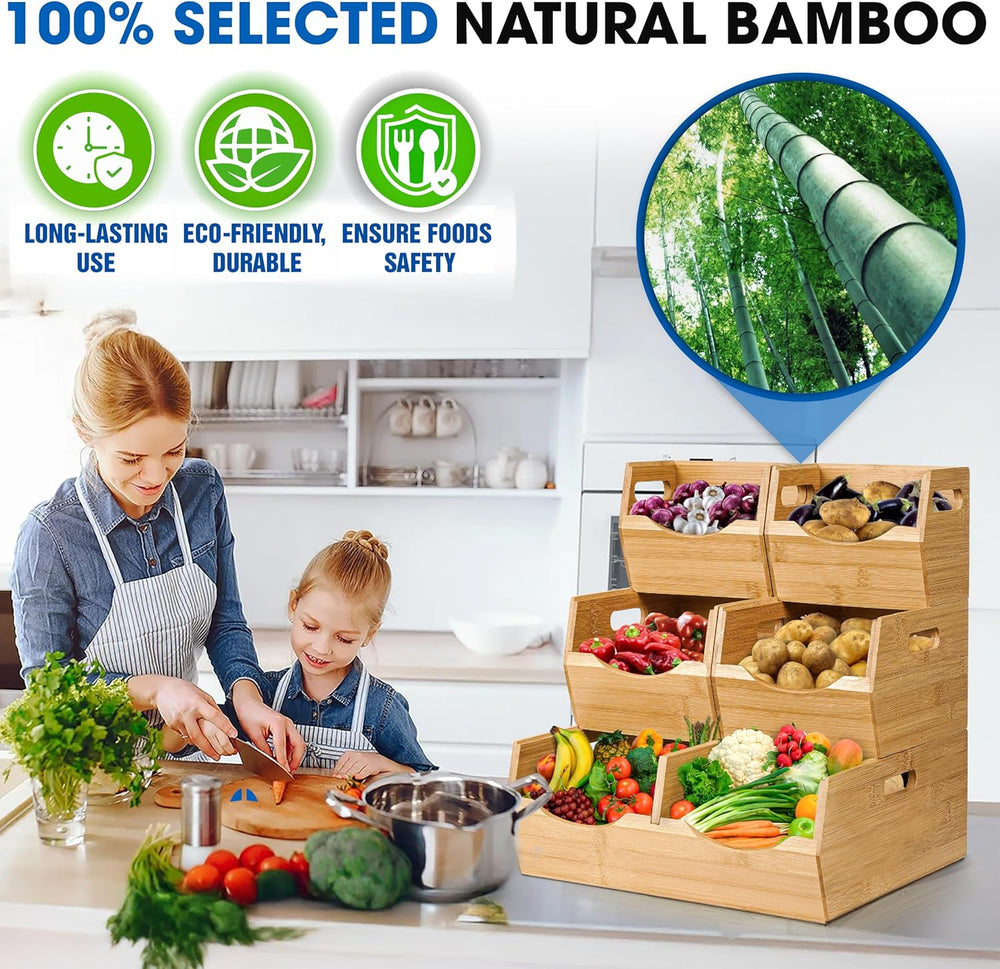 3-tier Stackable Bamboo Pantry Storage Bins, Potato & Onion Storage Baskets