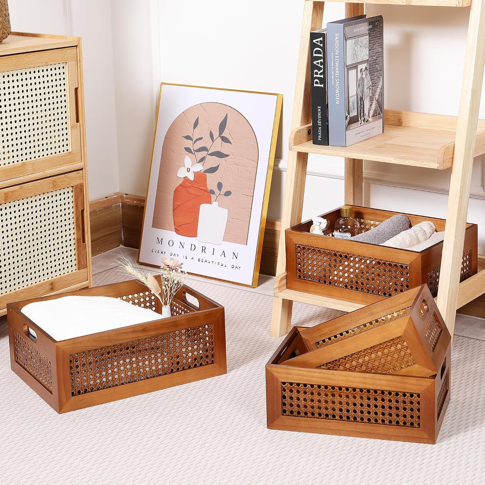 Rattan Wooden Box Set of 4 Handmade Decorative Storage Basket with Handles