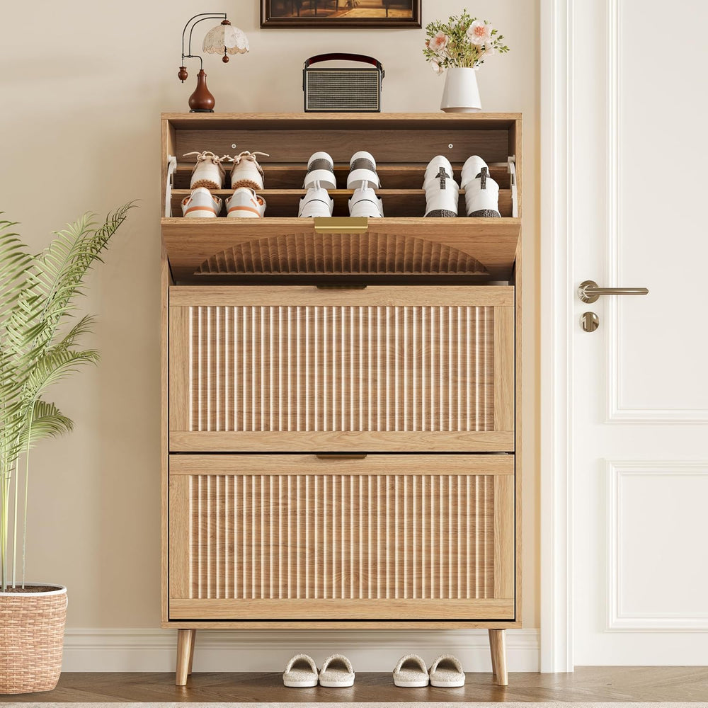 BORNOON Shoe Cabinet for Entryway with 3 Flip Drawers, Slim Wooden Shoe Stora...