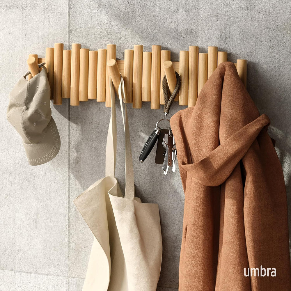 Umbra Picket Coat Rack with 8 Hooks – Natural Wall-Mounted Coat Rack with Fli...