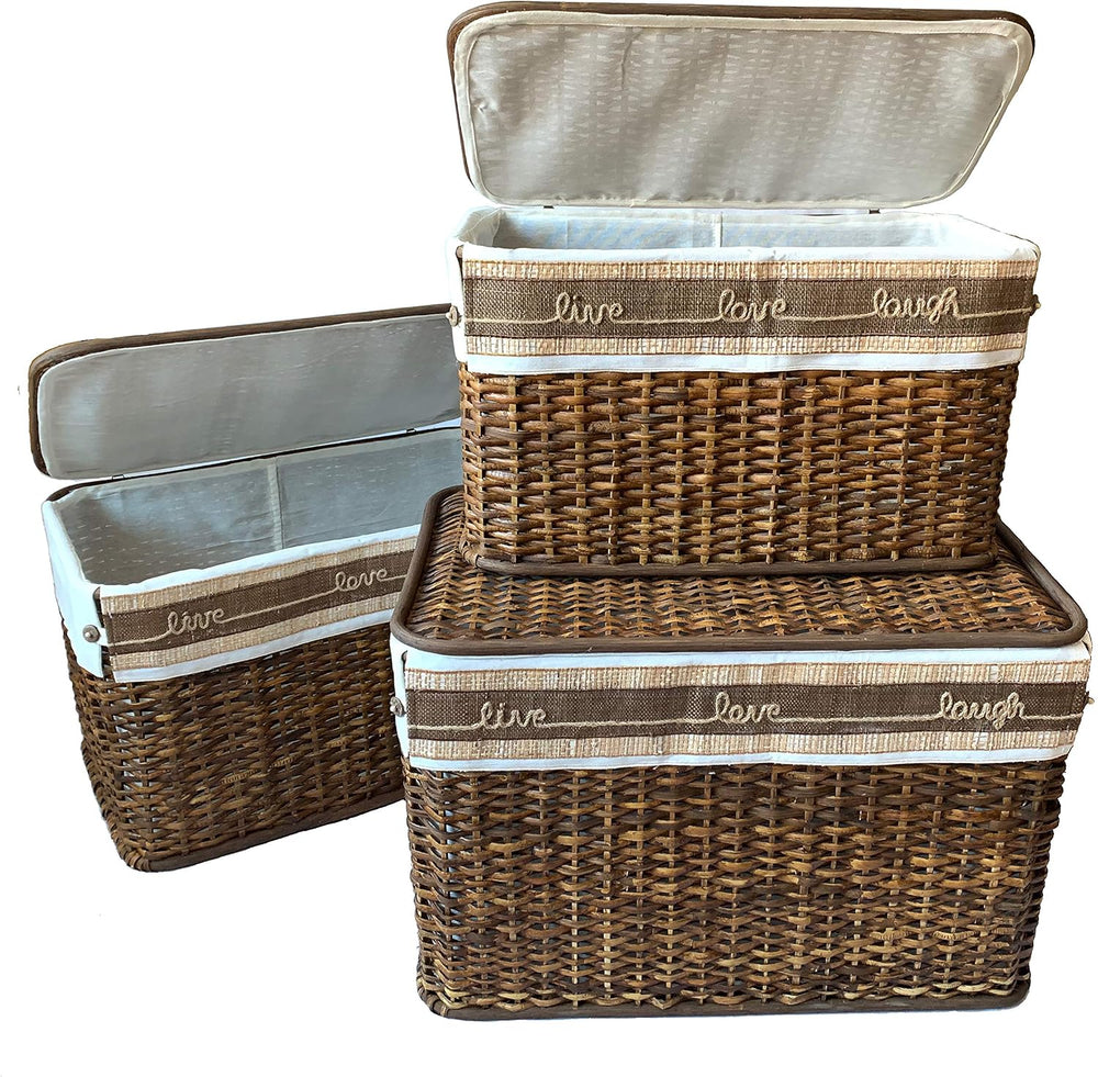 GUTZ Handcrafted Wicker Set of 3 Storage Handwoven Rattan Footlocker Basket C...