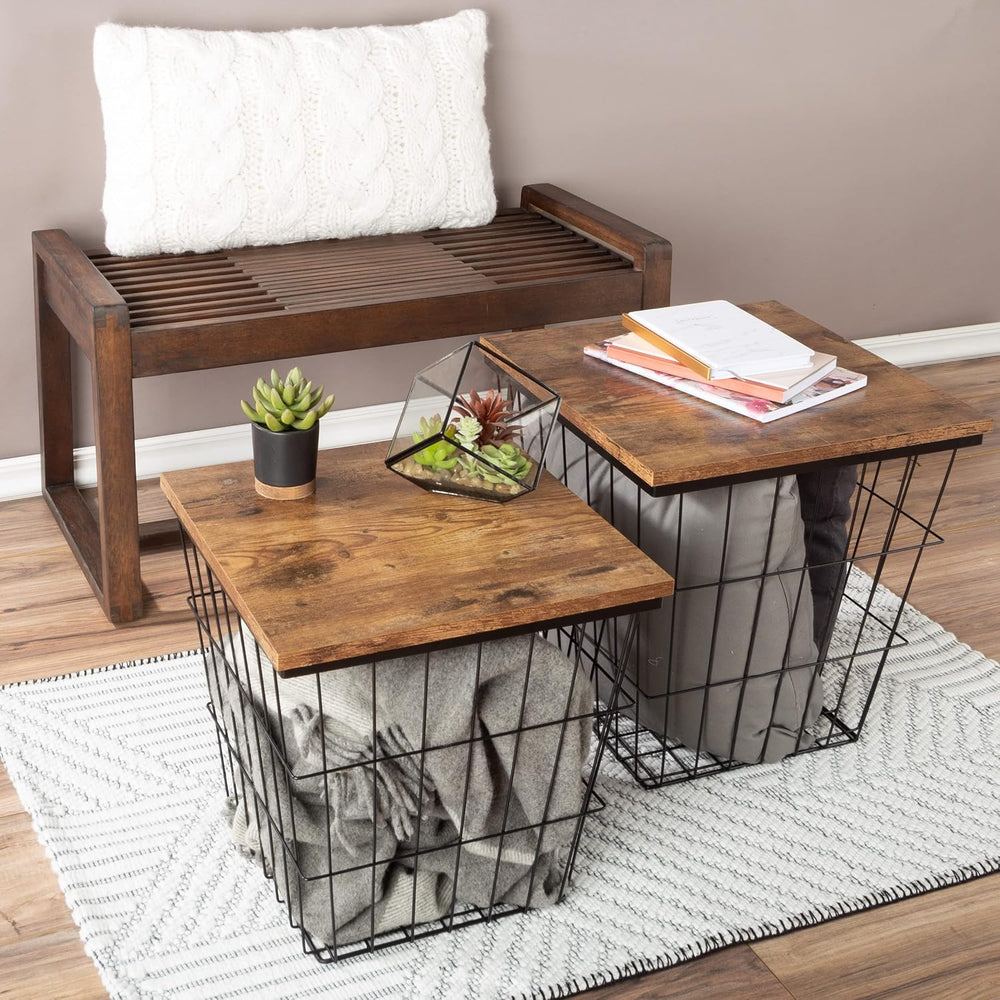 Lavish Home Square End Tables, Brown Woodgrain, Set of 2, 15.75”/14.5”