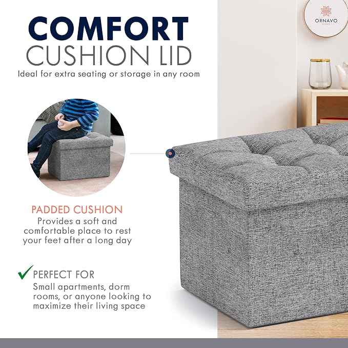 Ornavo Home Small Storage Ottoman, Foldable Collapsible Rectangle Linen Ottom...