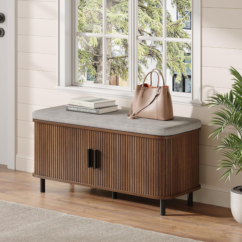 Maupvit Shoe Storage Bench with Smooth Fluted Sliding Doors, 2 Tier Hidden Sh...