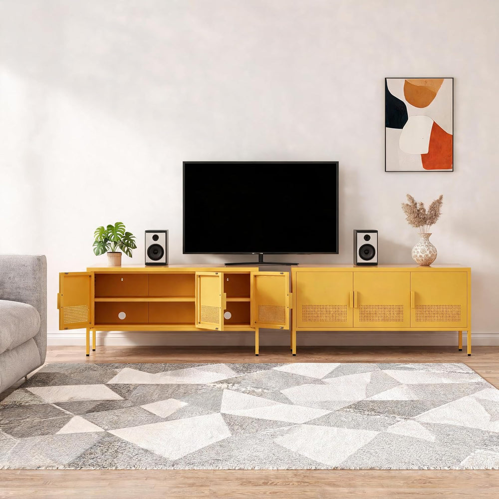 Yellow 47.3" Wide 3 Door Metal TV Stand, 2-Tier Storage Cabinet with Adj...