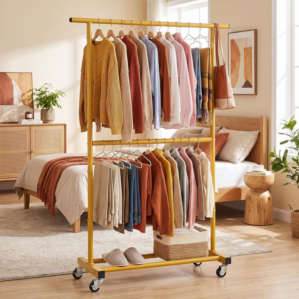 Sywhitta Double Rod Metal Clothing Garment Rack on Wheels, Gold