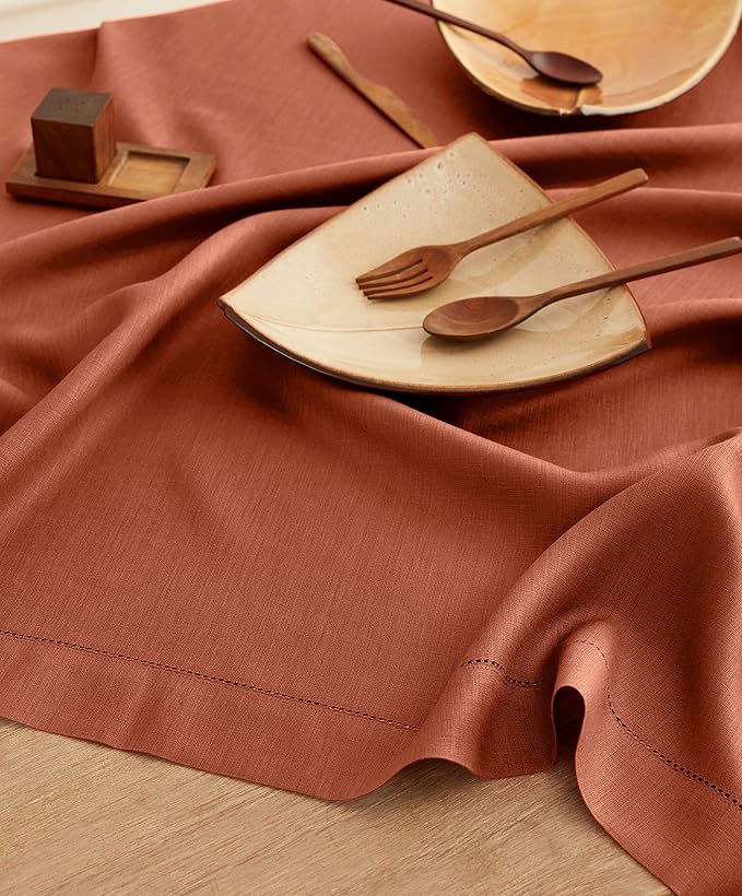 Solino Home Linen Cinnamon Tablecloth 52 x 52 Inch - 100% Pure Linen Square T...