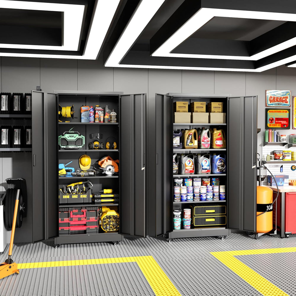 Greenvelly Metal Garage Storage Cabinet with 4 Swivel Wheels, 73" Black ...