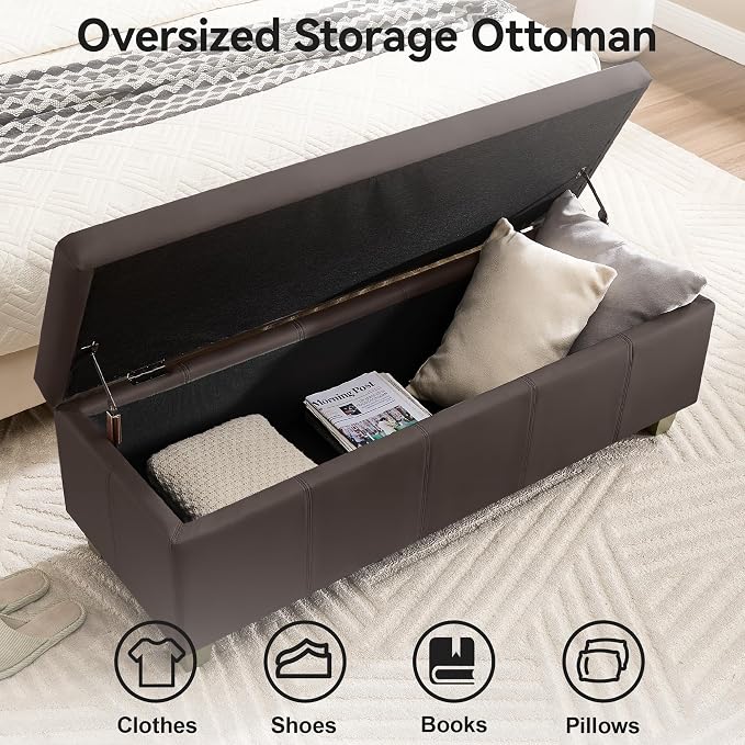 51" Faux Leather Storage Ottoman, Stitch Tufted Rectangle Upholstered En...