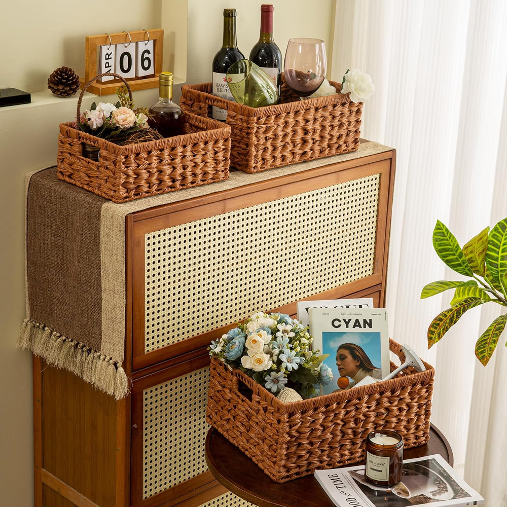 Set of 3 Wicker Storage Baskets, Decorative Baskets With Built-in Handles, Mu...