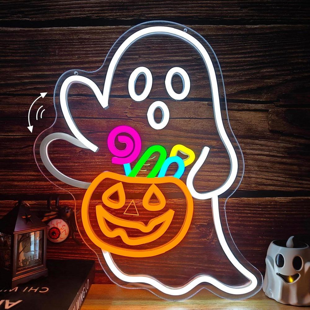 Waving Ghost Pumpkin Candy Basket Halloween Neon Sign Dimmable LED Decor