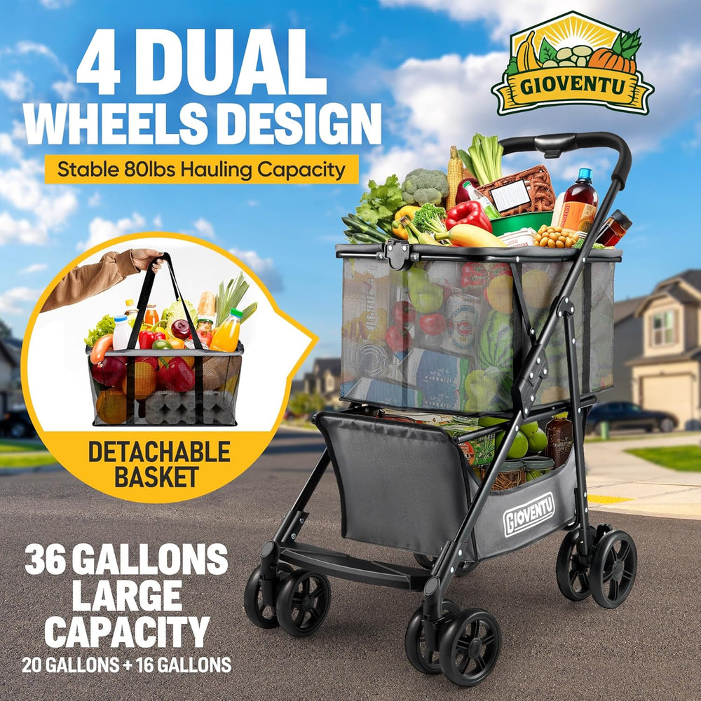 Folding Stroller Shopping Cart, 80lbs Collapsible W/ 360° Wheels, 2-Tier