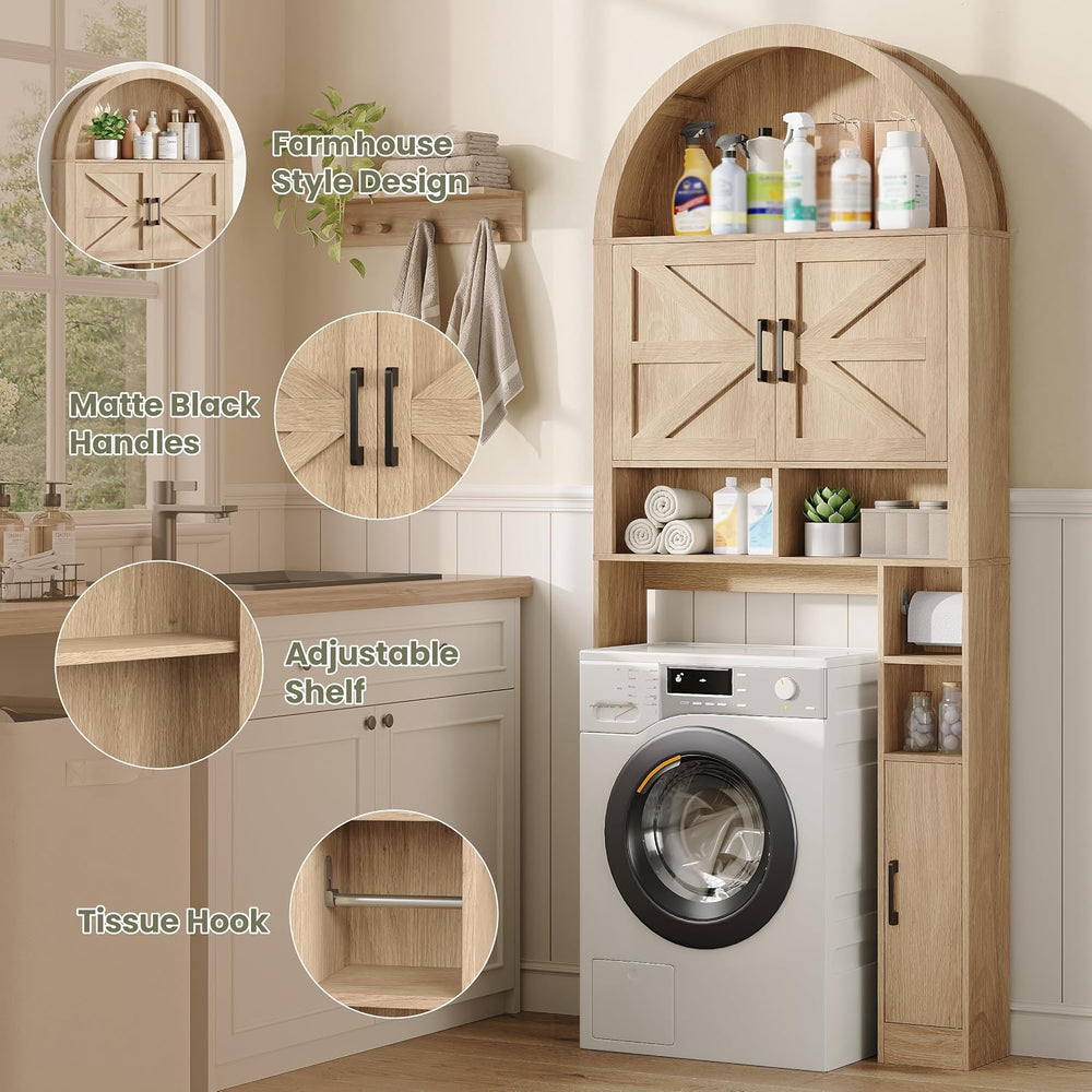 Arched Over The Toilet Storage Cabinet with Barn Doors, Natural