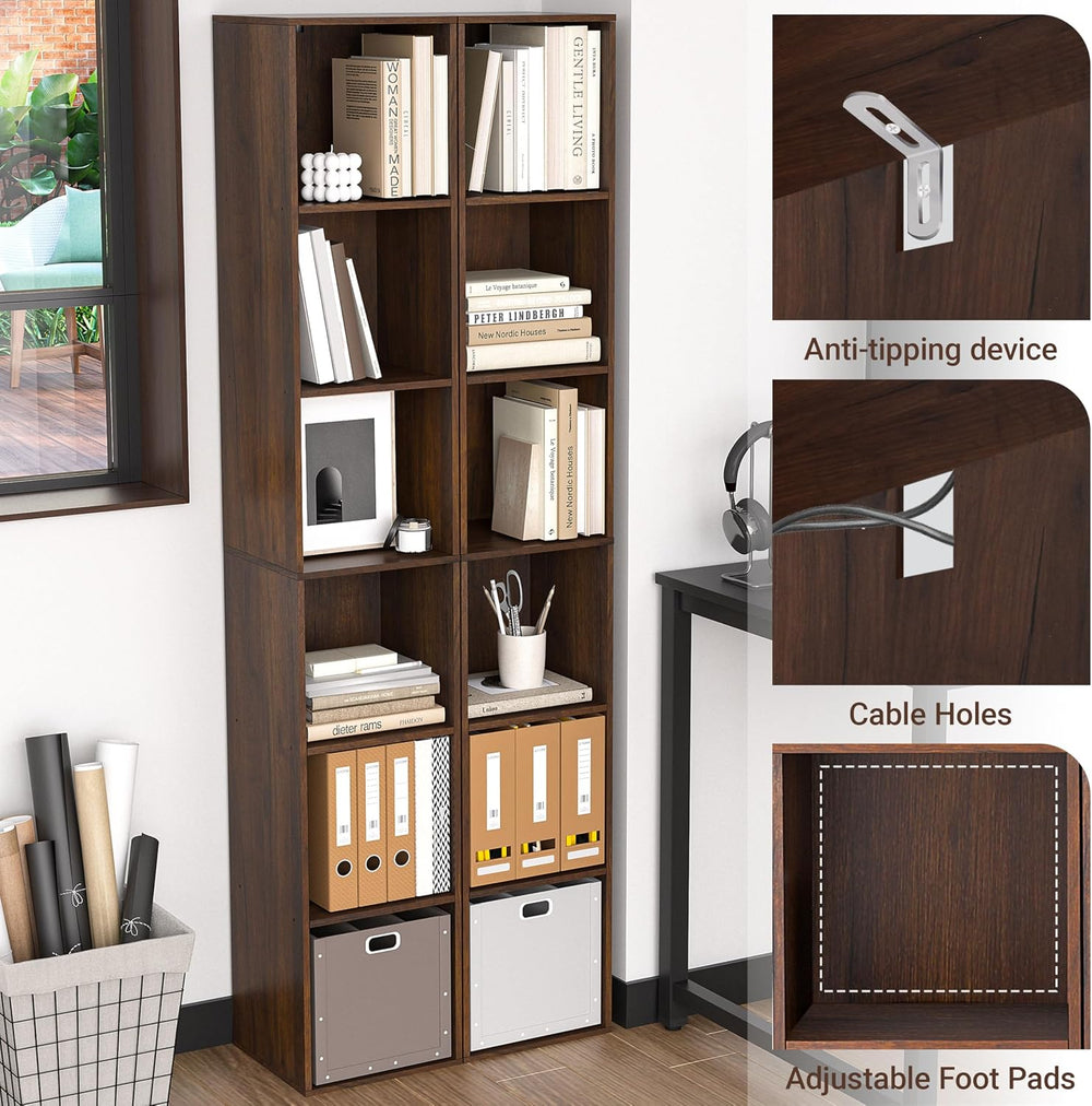 6 Cube Storage Organizer, Narrow Open Shelf Bookcase, Freestanding 6 Tier Low...