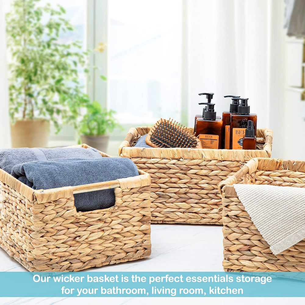 VATIMA Large Rectangular Wicker Basket with Wooden Handles for Shelves and St...