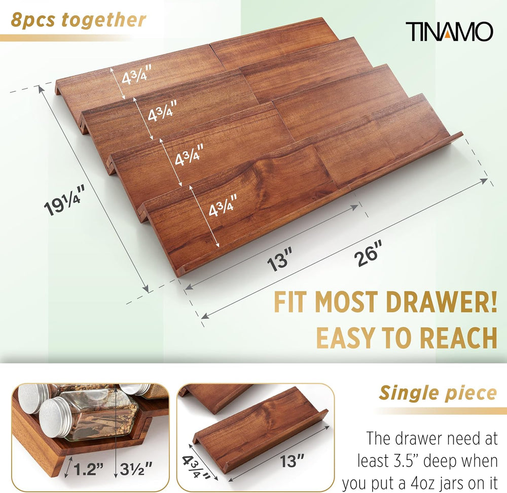 Tinamo Acacia Wood 4-Tier Spice Rack Organizer for Cabinet, Pack of 8 Pcs