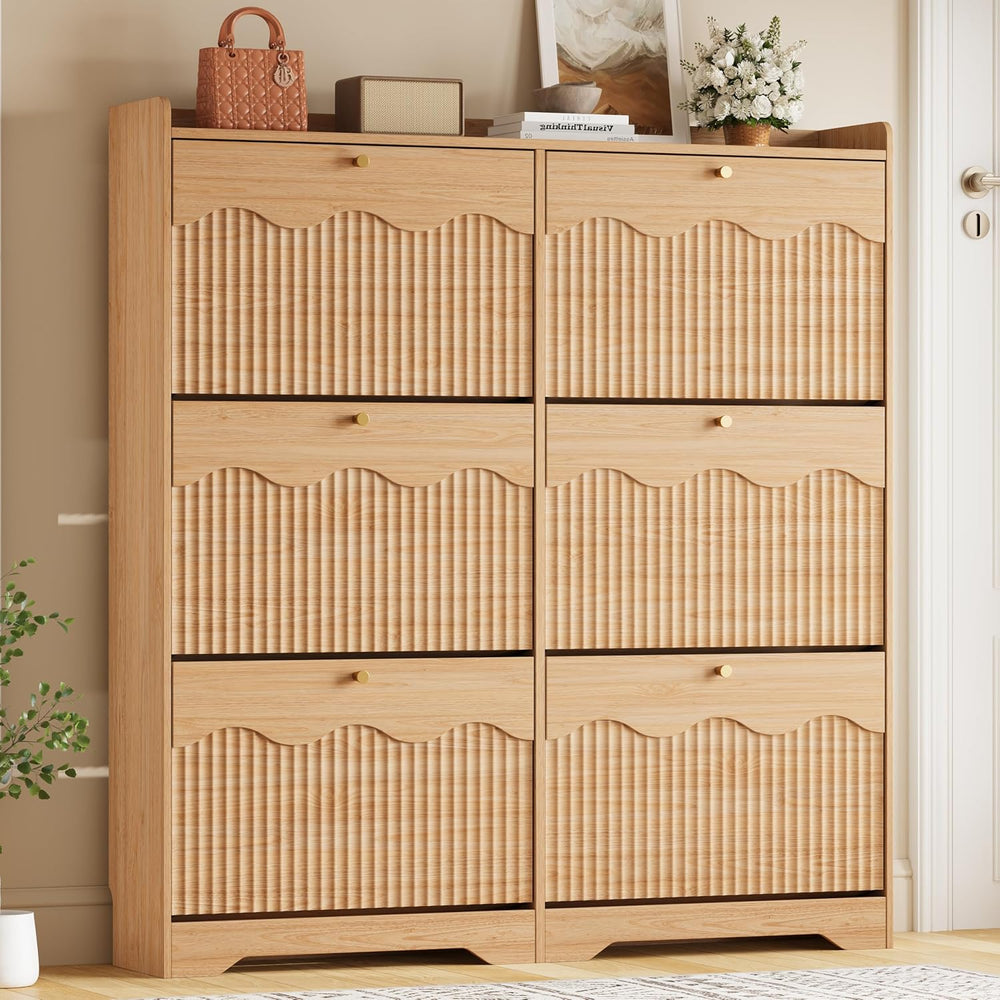 BORNOON Large Shoe Storage Cabinet with 6 Flip Drawers and Modern Wave-Edge F...
