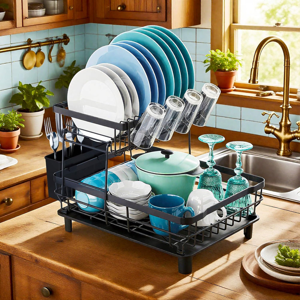MOUKABAL 2 Tier Dish Drying Rack with Drainboard for Kitchen Counter, Black