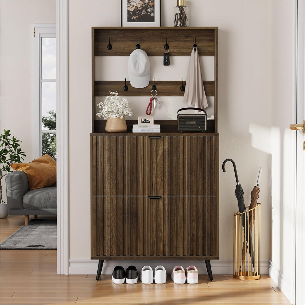 Smuxee Shoe Cabinet with 2 Flip Drawers & Coat Rack Hooks, 31.5" Wal...