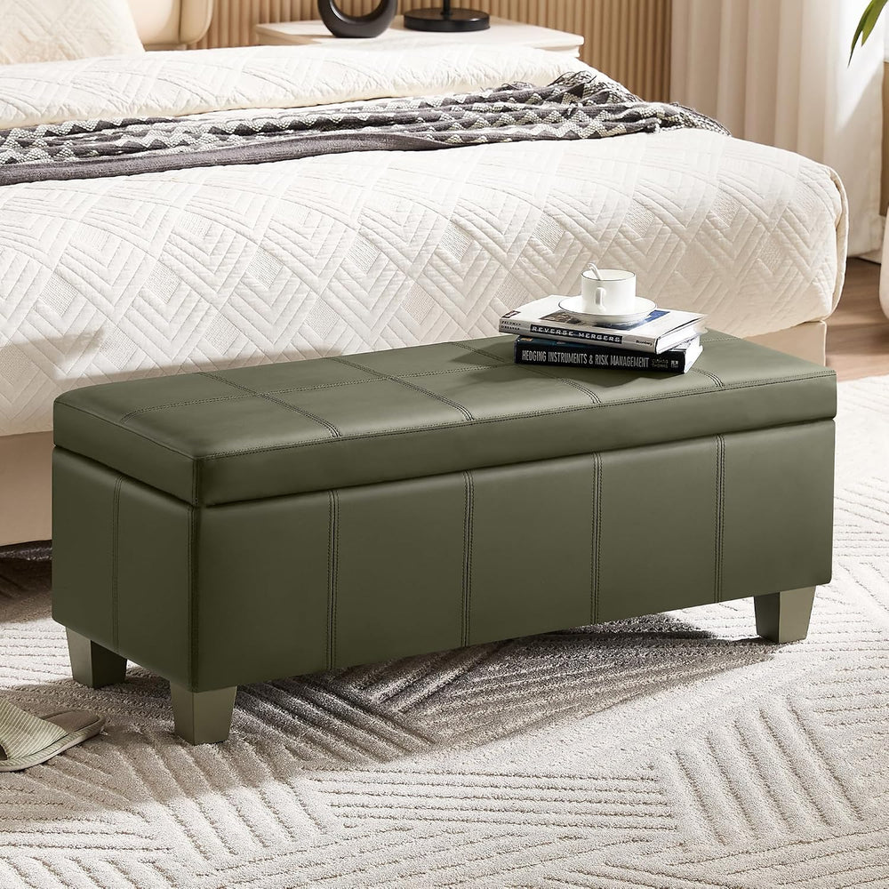 41" Faux Leather Storage Ottoman, Stitch Tufted Rectangle Upholstered En...