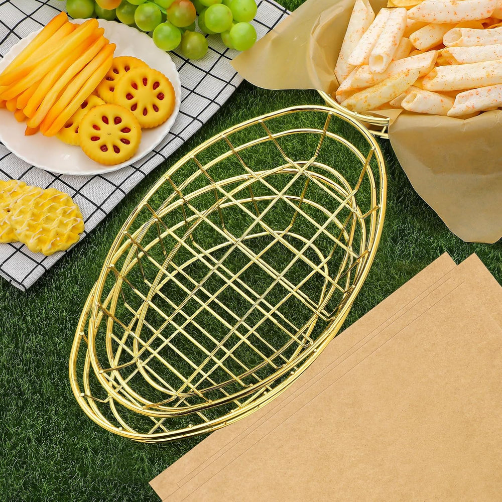 Hushee 24 Pcs Gold Wire Fast Food Basket with 100 Sheets Deli Wrapper Paper 9...