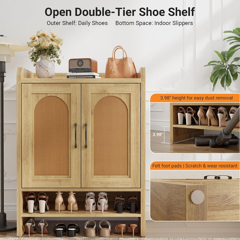 5-Tier Rattan Shoe Cabinet with Doors, 1.2" Thick Hidden Shoe Rack, Natural