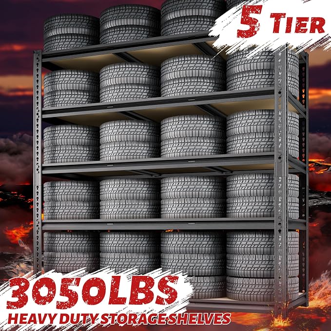 48"W Garage Shelving, 3050LBS Storage Shelves heavy duty, 5 Tier Metal S...