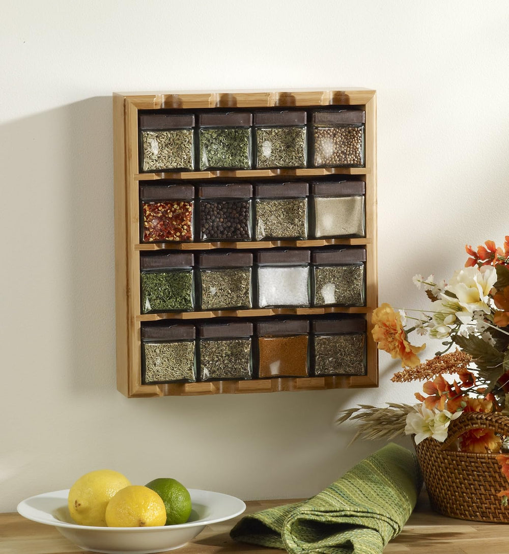 Kamenstein 16 Jar Bamboo 3-in-1 Spice Organizer for Countertop, Wall, and Dra...